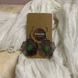 Vintage Silver Tone Filigree Flower Earrings with Green Stone